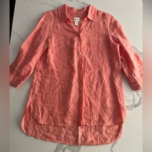 Chico's 4/6 0 Pink 100% Linen Blouse Shirt Tunic Top Coastal Chic 3/4 sleeve